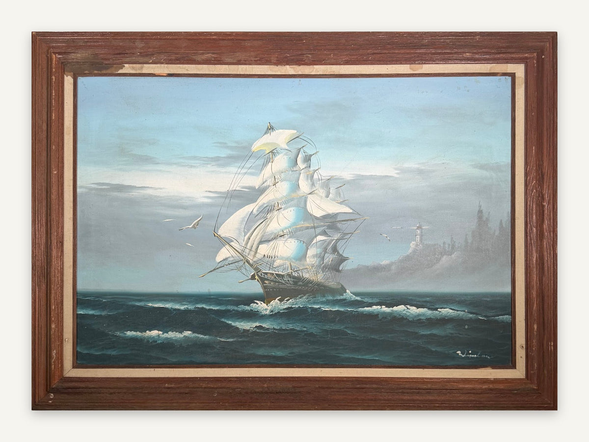 Lot 1018: Large Clipper Ship Oil Painting, Full Sail on Rolling Seas with Lighthouse, Signed, Wood Frame, 43 x 31 in