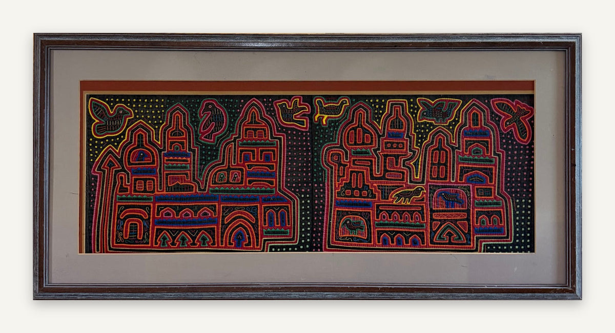 Lot 1019: Pair of Kuna Mola Textile Panels, Hand Stitched Reverse Applique, Cathedrals and Birds, Matted and Framed, 38 x 18.5 in