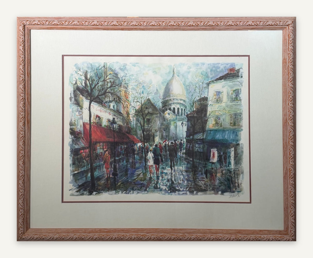 Lot 1020: Montmartre Paris Street Scene Art Print, Sacre Coeur and Red Cafe Awnings, Pencil Signed and Dated 96, Framed, 33 x 26.5 in
