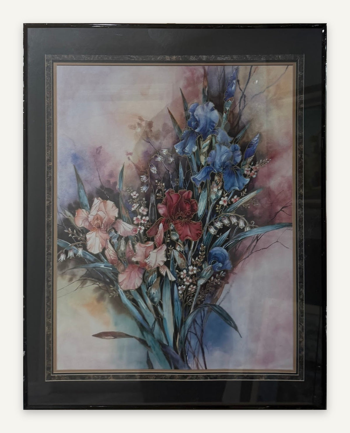 Lot 1021: Iris and Lily Floral Bouquet Art Print, Soft Watercolor Style, Black Frame, 22 x 28 in