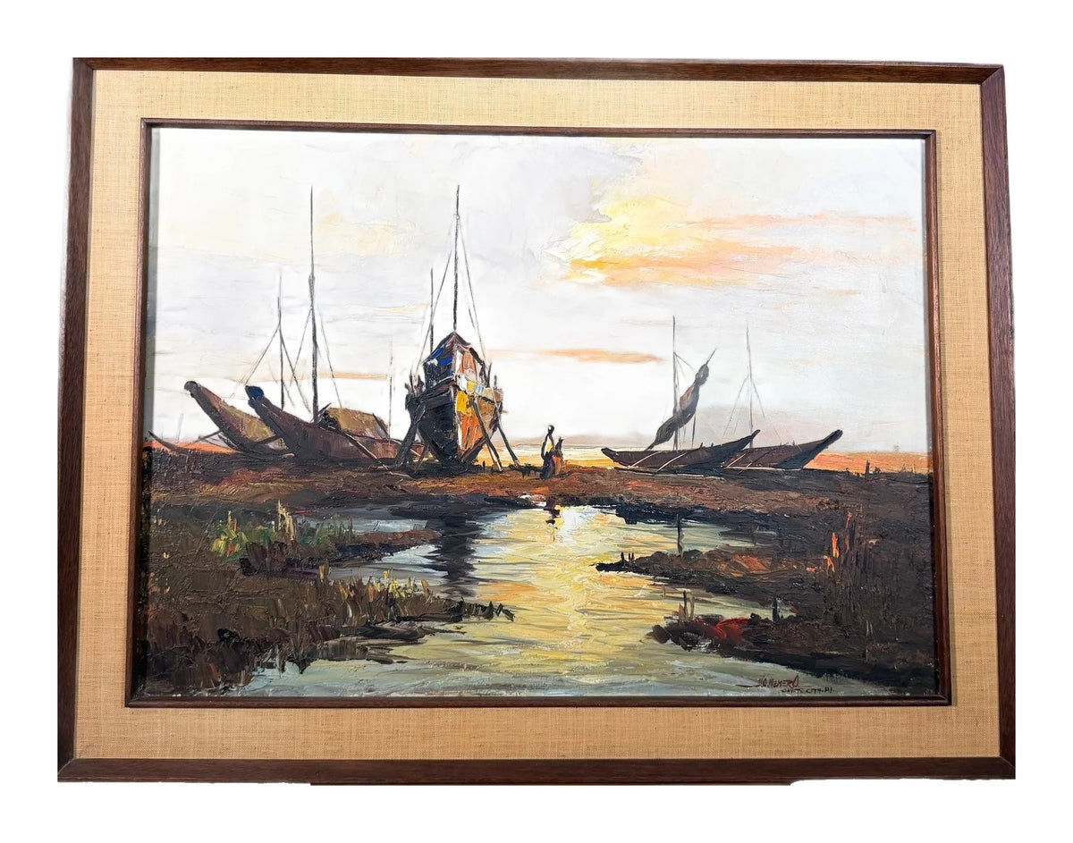Lot 1024 mid century impasto oil painting, fishing boats at sunset, framed