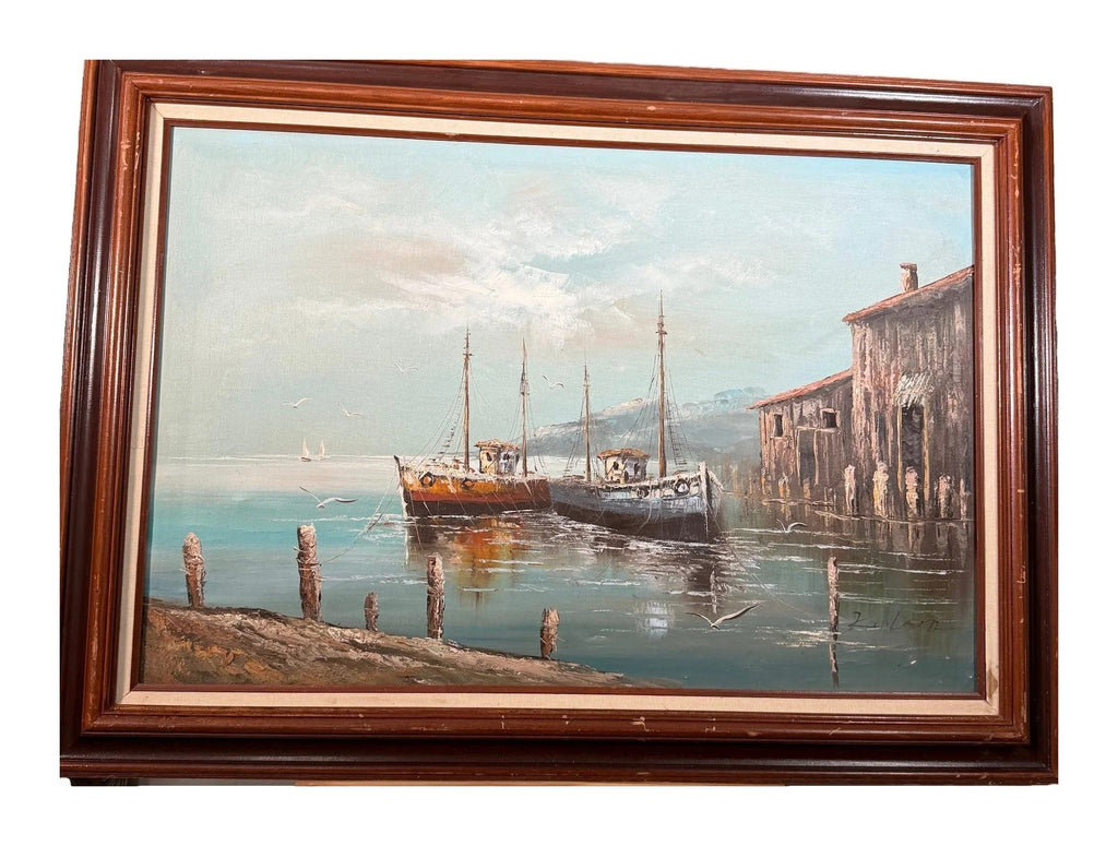 Lot 1025 harbor oil painting, fishing boats and waterfront buildings, signed Karlson, framed