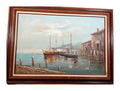 Lot 1025 harbor oil painting, fishing boats and waterfront buildings, signed Karlson, framed