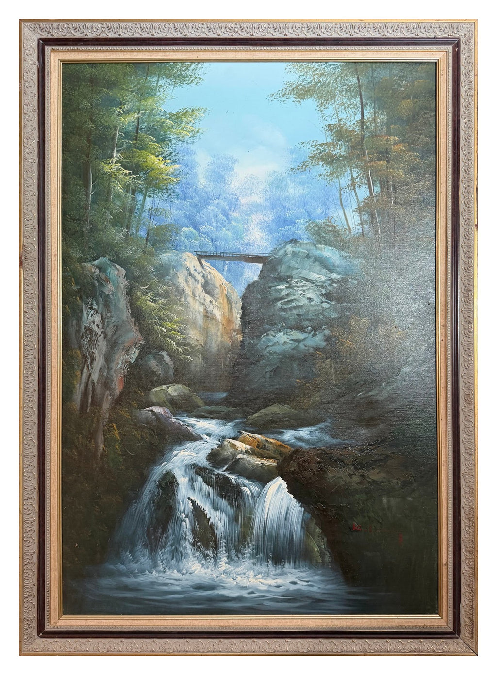 Lot 1031 Forest Waterfall Oil Painting, Ornate Carved Frame