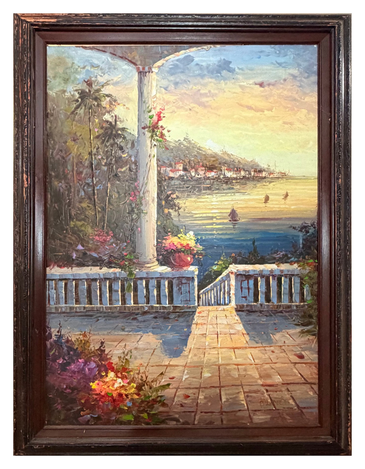 Lot 1032 Mediterranean Terrace Oil Painting, Heavy Impasto, Carved Wood Frame