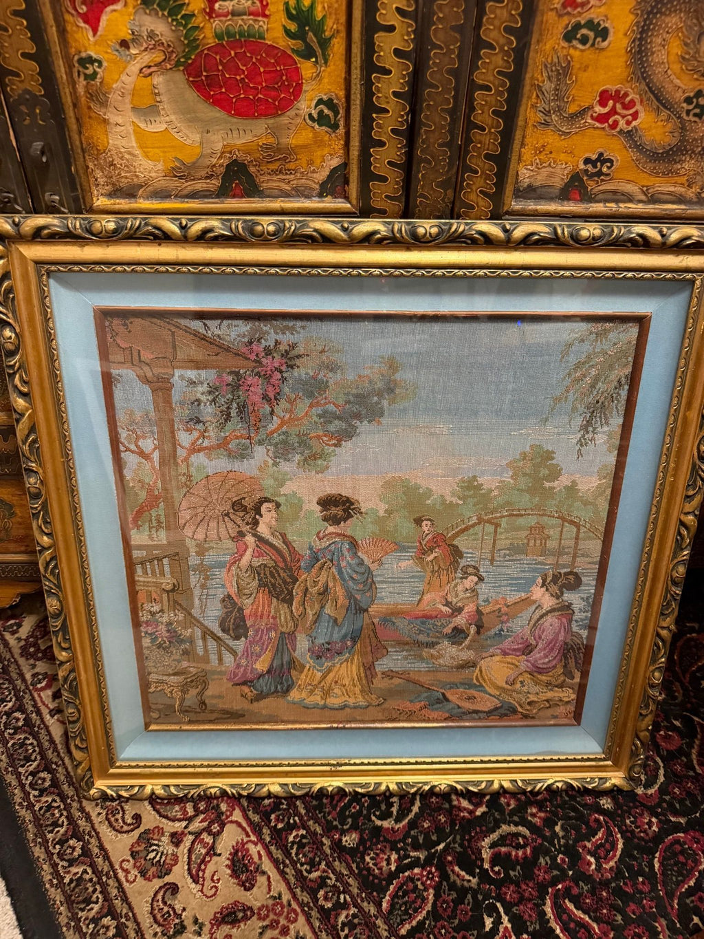 Woven Tapestry, Japanese Garden Scene with Parasols and Bridge, Ornate Gilt Frame