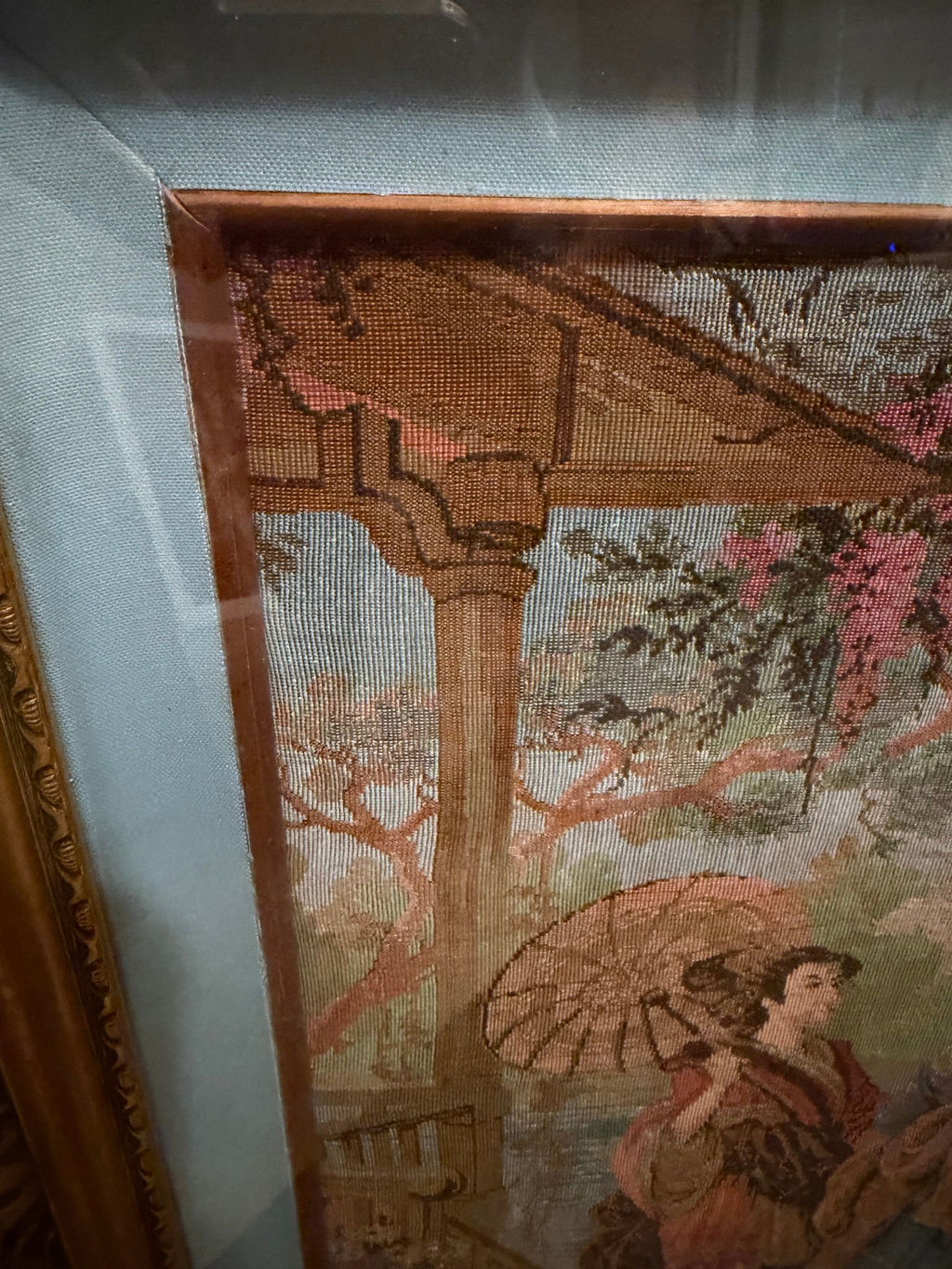 Woven Tapestry, Japanese Garden Scene with Parasols and Bridge, Ornate Gilt Frame