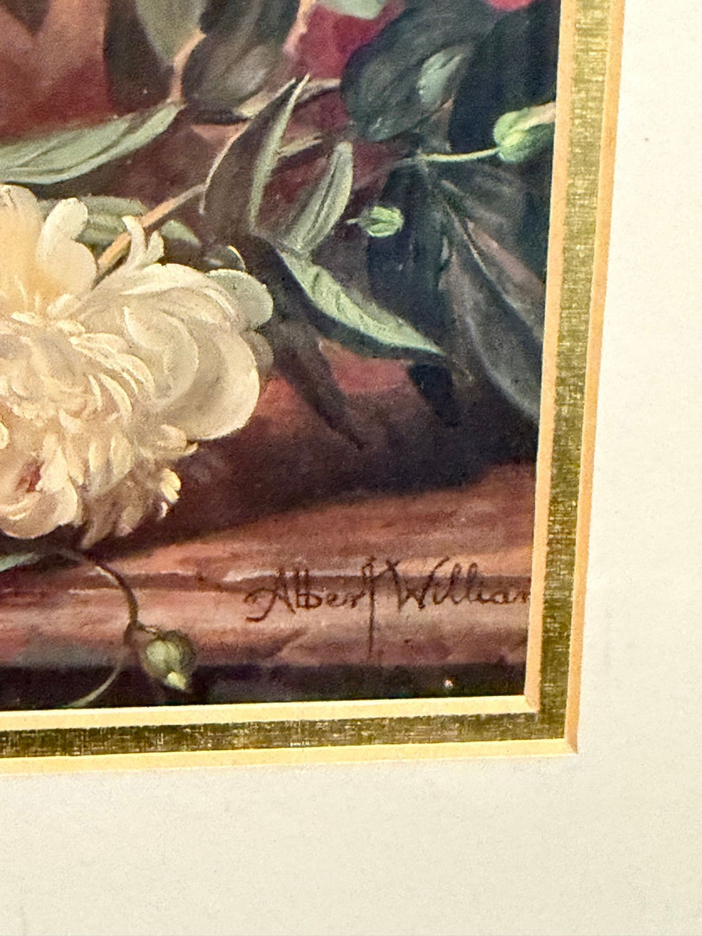 Lot 692: Albert Williams Floral Still Life Art Print, Peonies and Roses Bouquet, Gold Frame