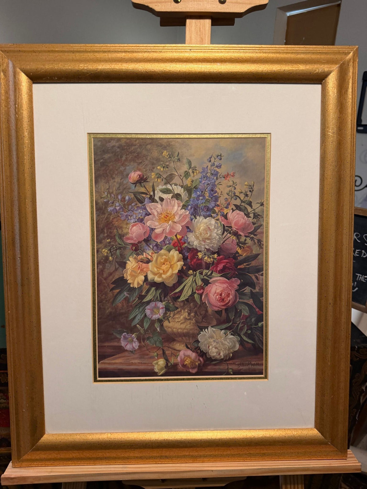 Lot 692: Albert Williams Floral Still Life Art Print, Peonies and Roses Bouquet, Gold Frame