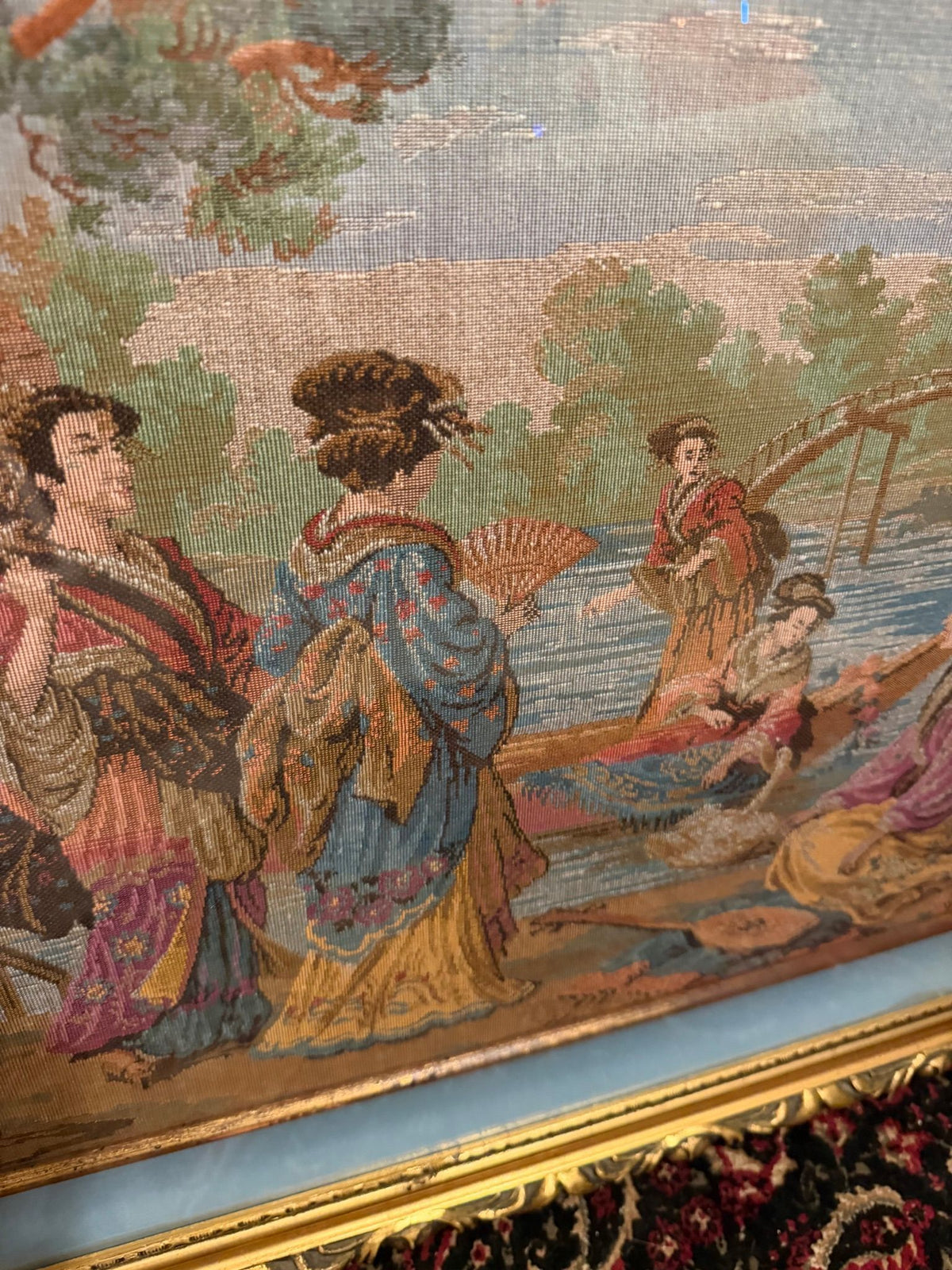 Woven Tapestry, Japanese Garden Scene with Parasols and Bridge, Ornate Gilt Frame