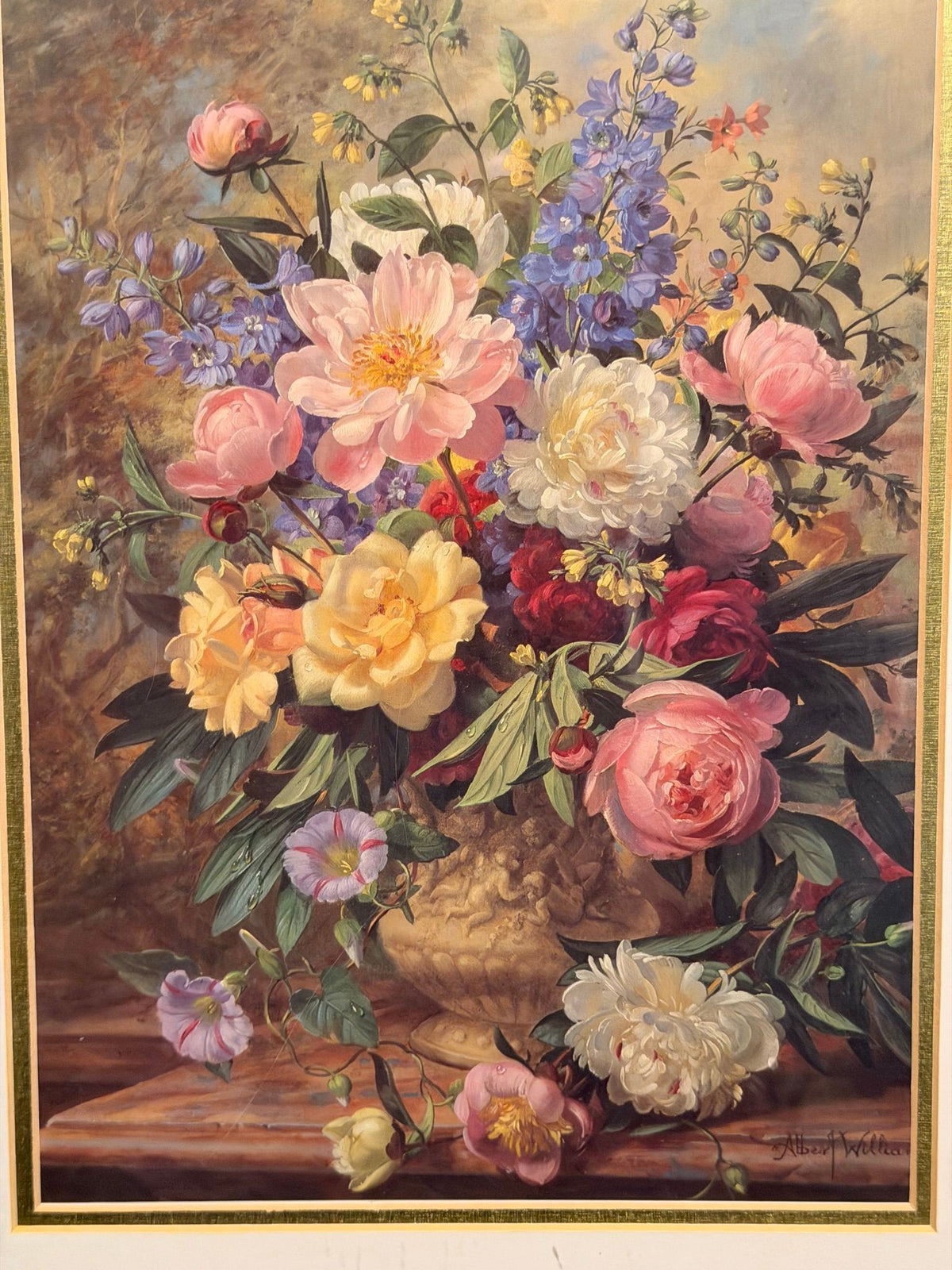 Lot 692: Albert Williams Floral Still Life Art Print, Peonies and Roses Bouquet, Gold Frame