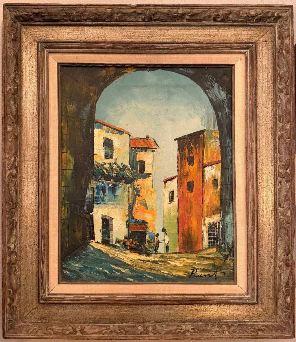 Lot 604 Vintage Signed Oil Painting, Mediterranean Village Street Scene