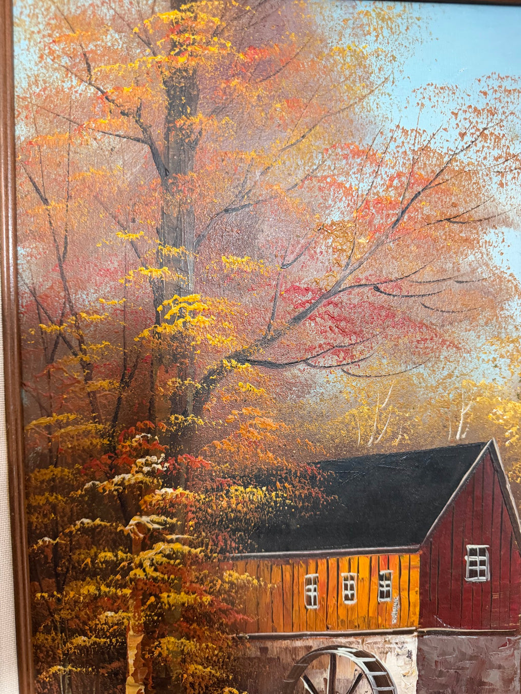 Lot 633: Original Autumn Water Mill Oil Painting, Red Mill and Waterwheel, Signed, 25 x 30 in