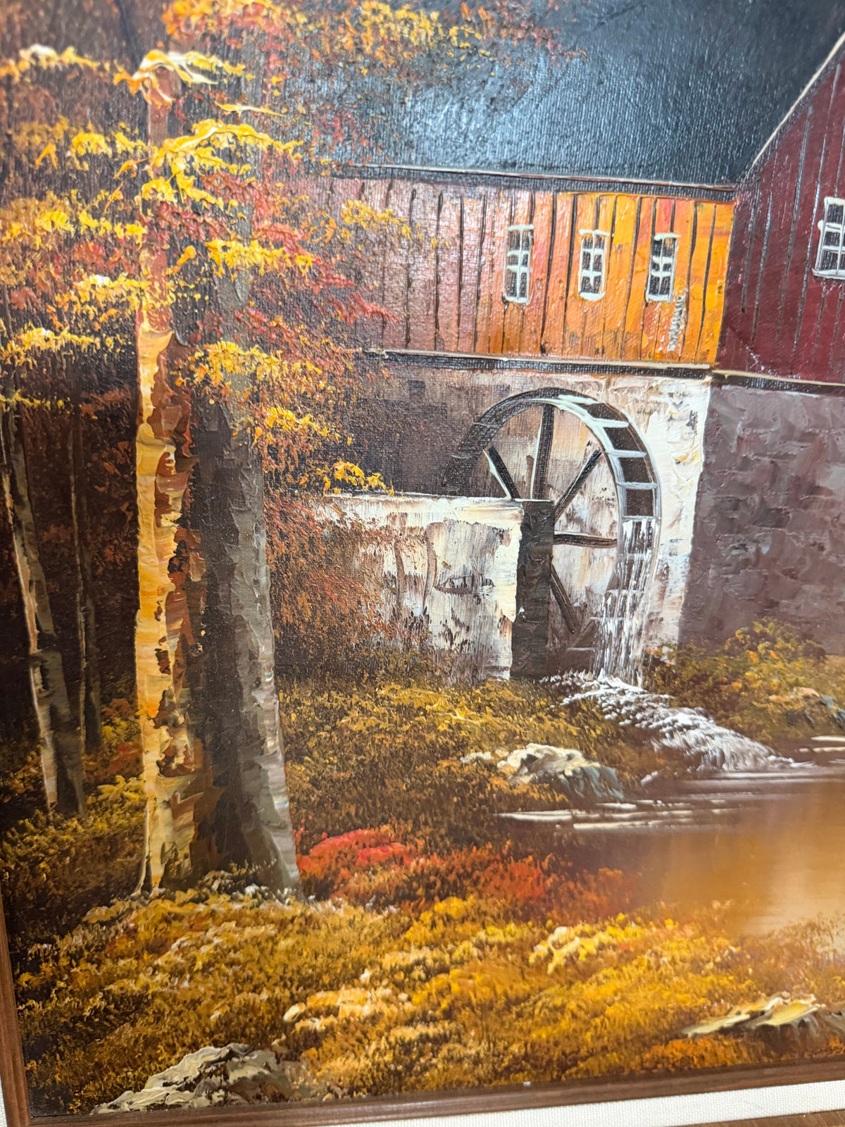 Lot 633: Original Autumn Water Mill Oil Painting, Red Mill and Waterwheel, Signed, 25 x 30 in