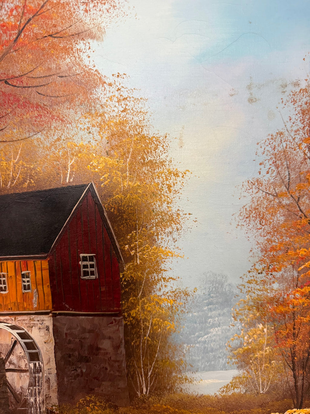 Lot 633: Original Autumn Water Mill Oil Painting, Red Mill and Waterwheel, Signed, 25 x 30 in