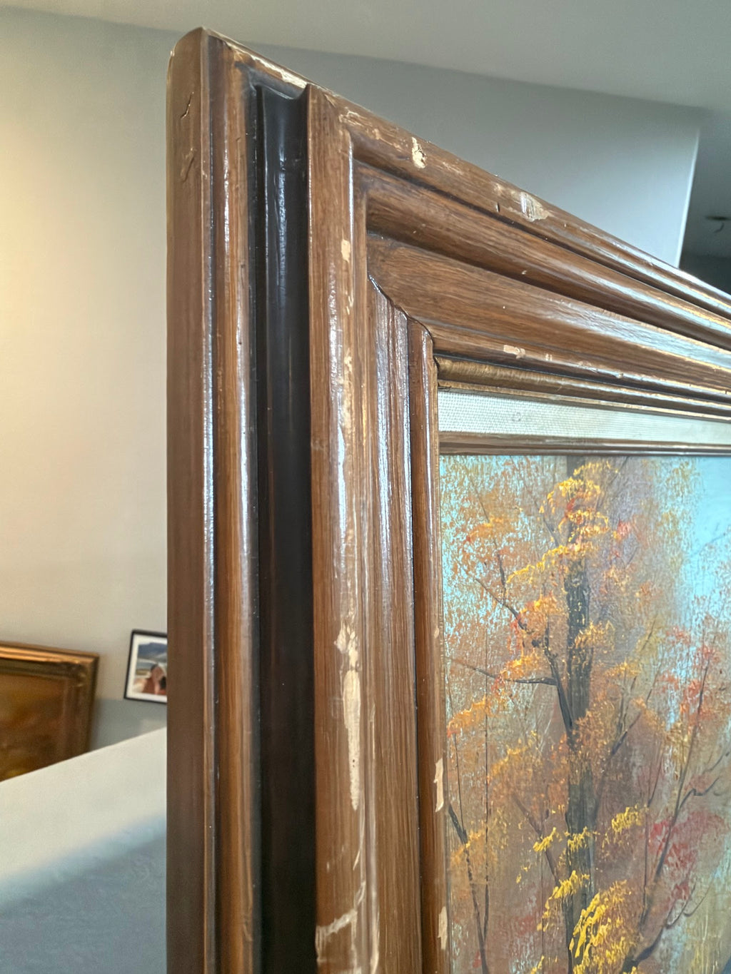 Lot 633: Original Autumn Water Mill Oil Painting, Red Mill and Waterwheel, Signed, 25 x 30 in
