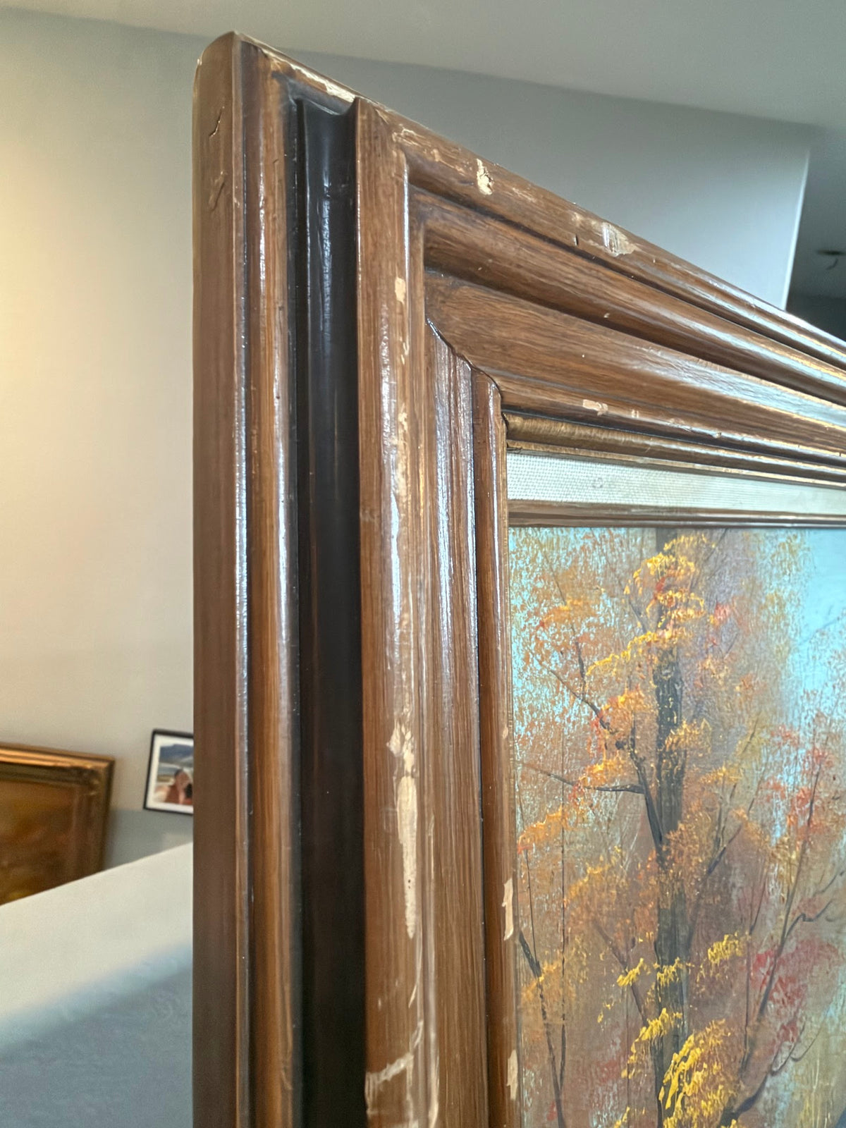 Lot 633: Original Autumn Water Mill Oil Painting, Red Mill and Waterwheel, Signed, 25 x 30 in