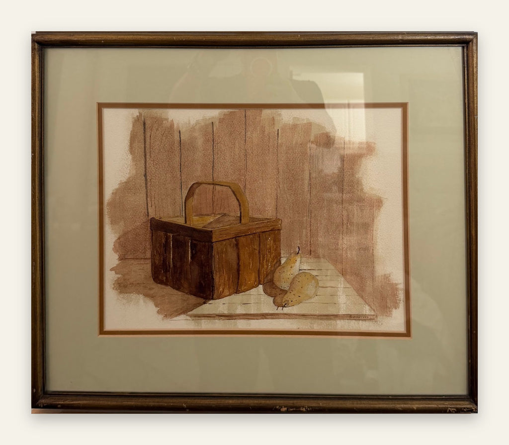 S.J. Artese Original Watercolor Still Life, Picnic Basket and Pears, Framed, 21 x 18 in