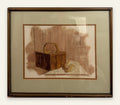 S.J. Artese Original Watercolor Still Life, Picnic Basket and Pears, Framed, 21 x 18 in