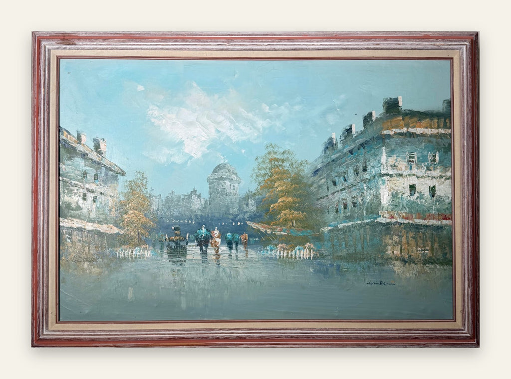 Large Parisian Street Scene Oil Painting, Signed Jim Brown, Framed, 41 x 29 in