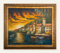 Lot 605: Vintage Oil Painting, Mediterranean Coastal Village at Sunset, Gold Frame, 29 x 25 in