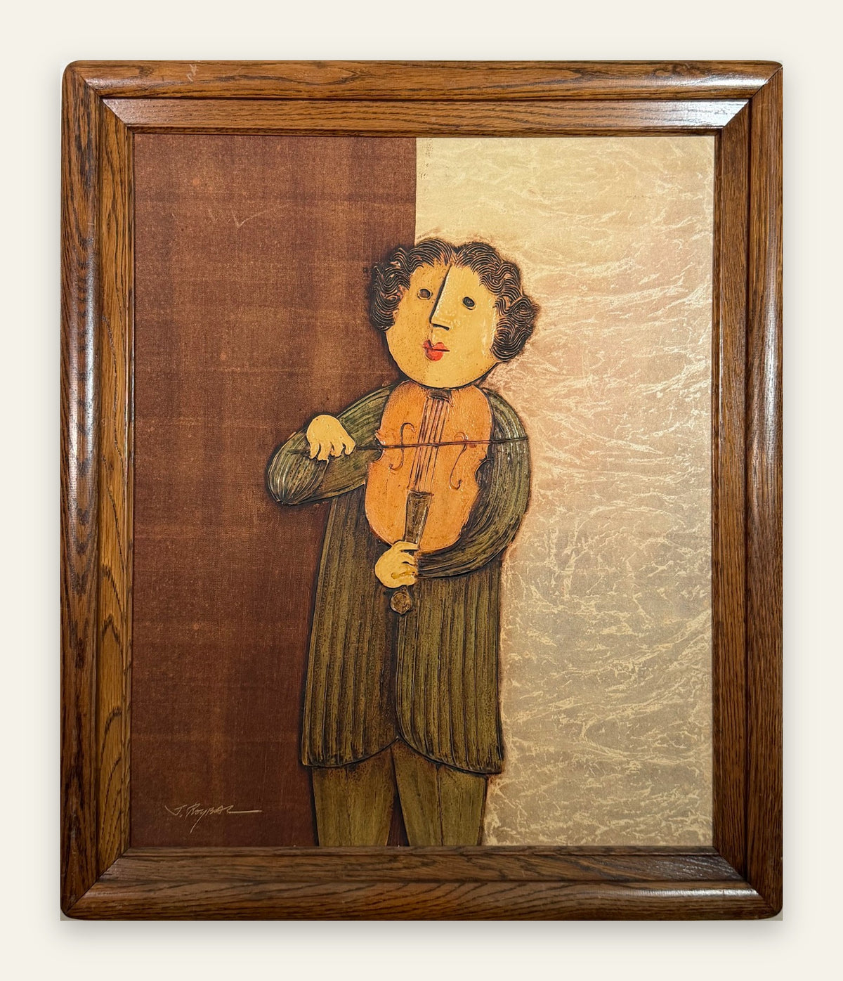 Mid Century Modernist Boy with Violin Painting, Signed, Robert Sills Gallery Label