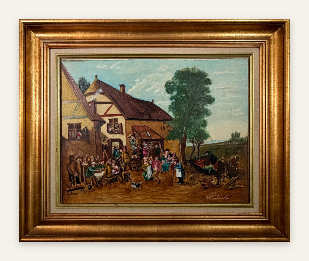 Lot 632: Kun Laszlo Budapest Original Oil Painting, European Village Tavern Scene, Framed, 28 x 23 in