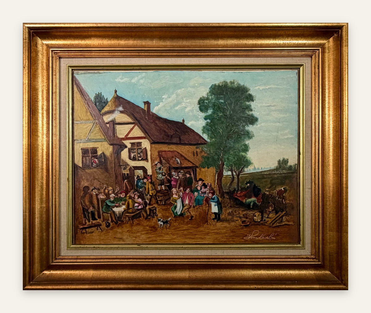 Lot 632: Kun Laszlo Budapest Original Oil Painting, European Village Tavern Scene, Framed, 28 x 23 in