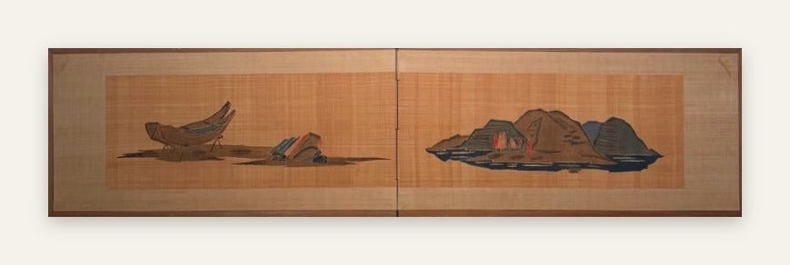 Lot 1003: Mid Century Asian Grasscloth Wall Panel, Junks and Mountains, Wood Frame, 70 x 17 in