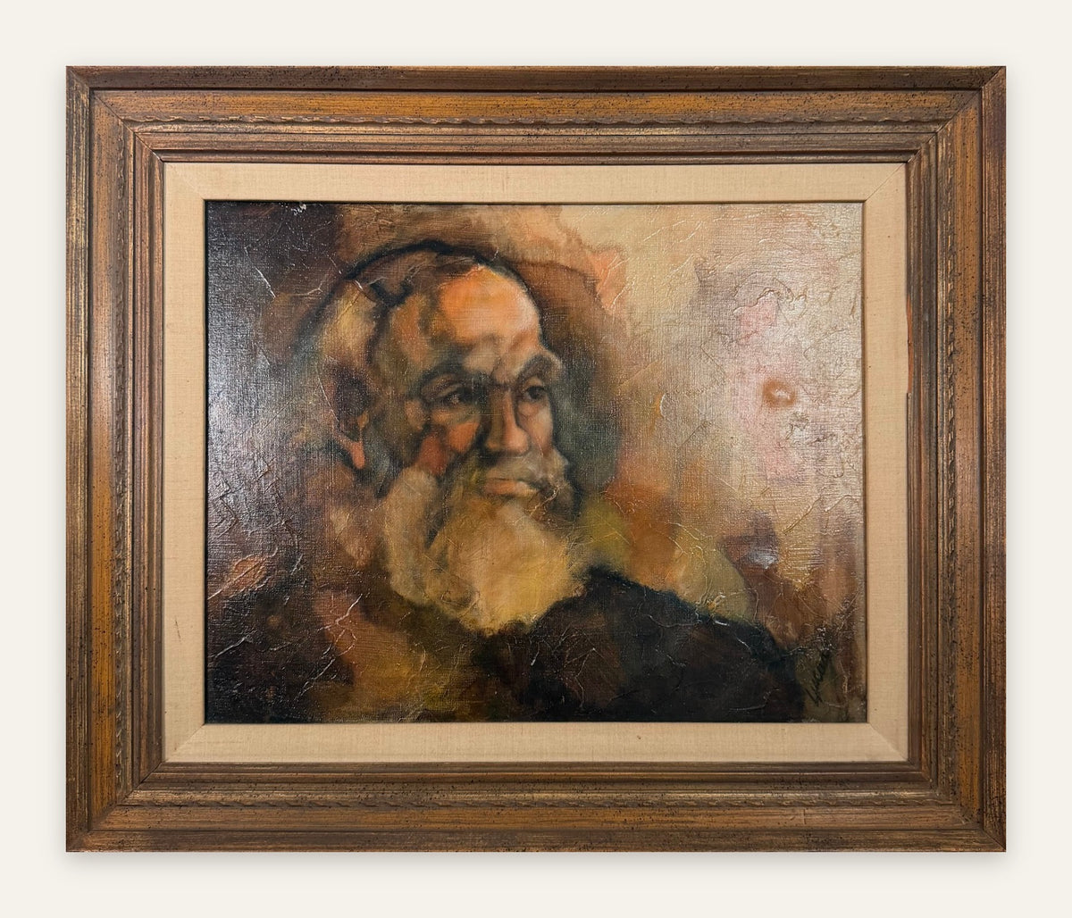 Lot 682: Original Oil Portrait of Bearded Elder, Textured Canvas, Signed, Framed, 27.5 x 23 in