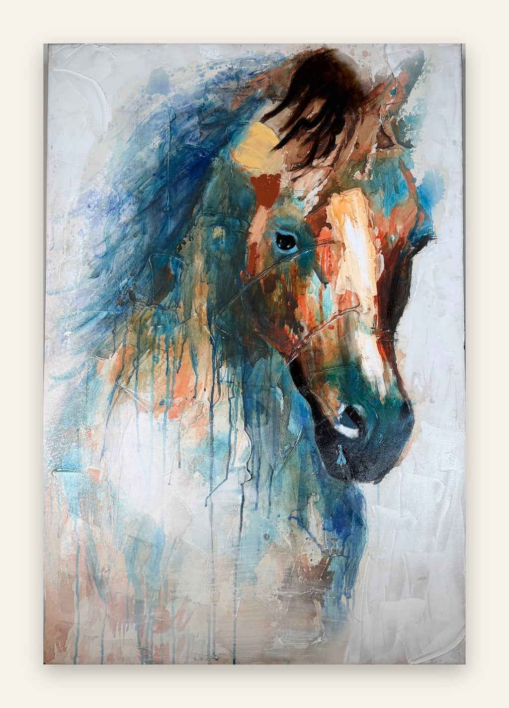 Large Abstract Horse Portrait on Canvas, Turquoise and Rust Drip Style, 32 x 47 in