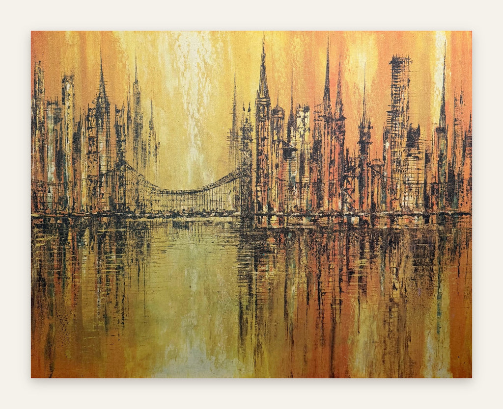 Lot 603: Mid Century Modern Golden Cityscape Painting, Skyline and Bridge at Sunset, 28 x 22 in