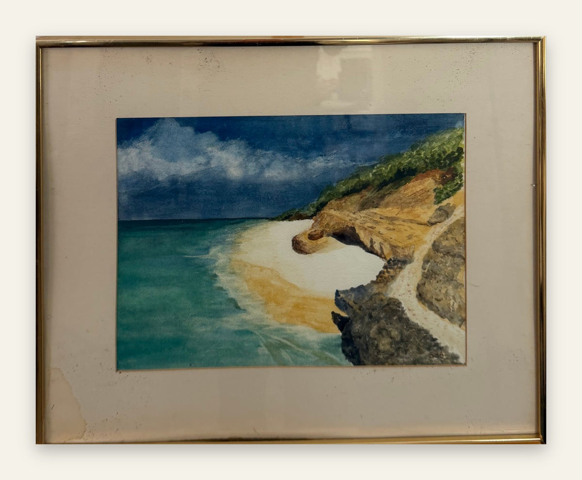 Original Coastal Seascape Painting, Turquoise Cove and Cliffs, Gold Frame, 20 x 16 in