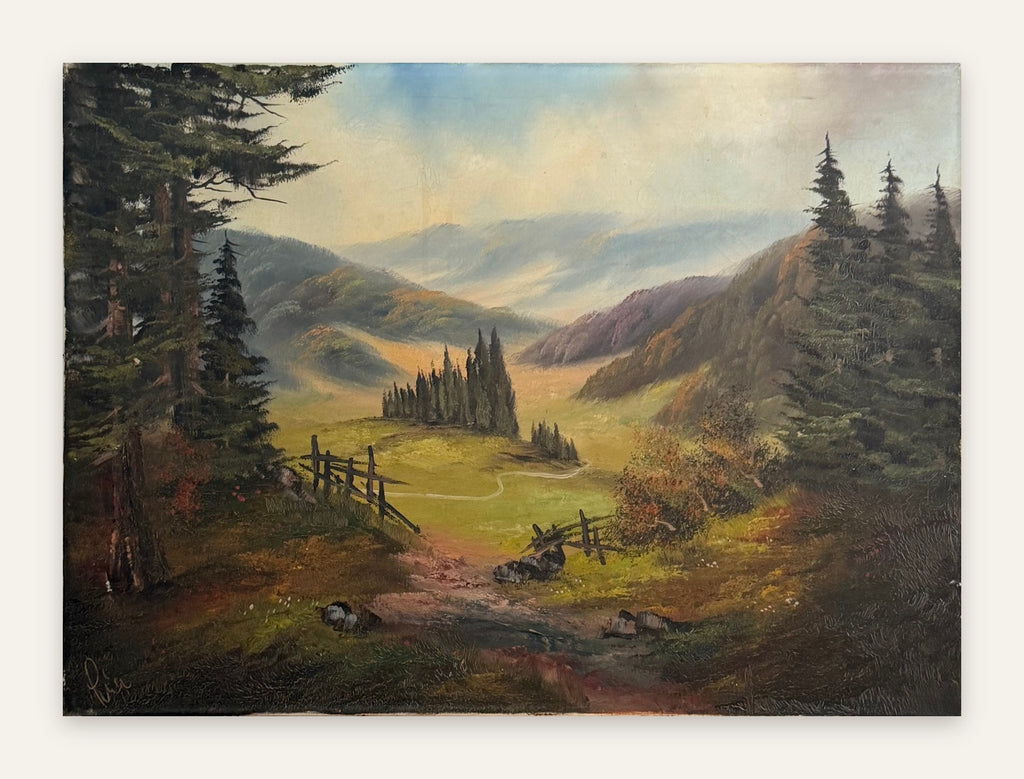 Lot 679: Original Oil Painting, Pastoral Valley with Cypress Trees and Rail Fence, Signed, 27.5 x 20 in