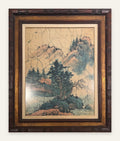 Lot 666: Chinese Batik Painting on Cloth, Mountain Landscape, Carved Wood Frame, 25 x 30 in