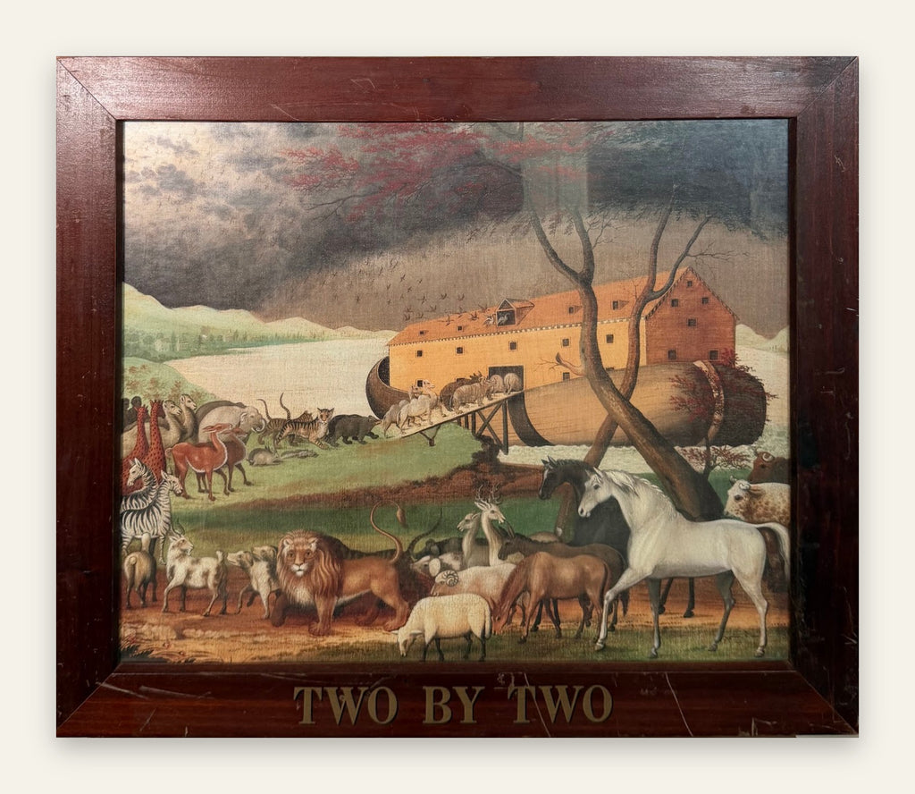 Two by Two Noah's Ark Print After Edward Hicks, Wood Frame with Title Plaque, 23 x 19.5 in