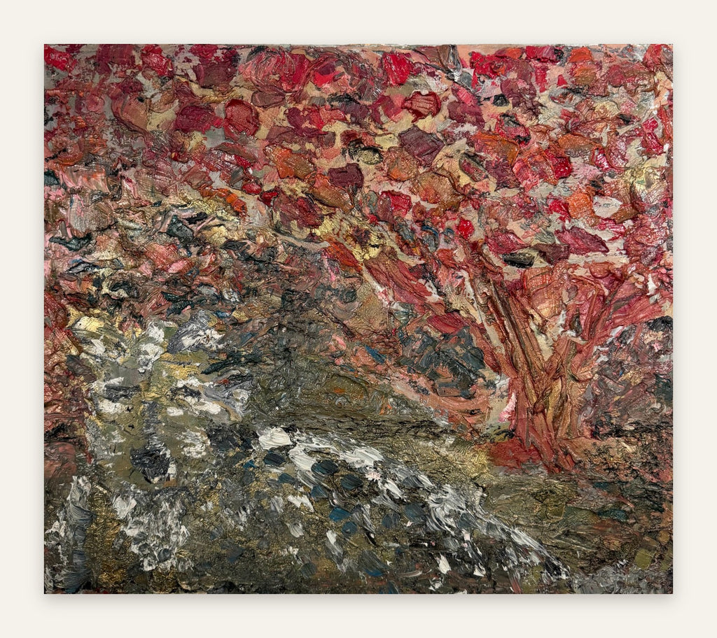 Lot 602: Heavy Impasto Abstract Oil Painting on Canvas, Crimson Rust and Gold, 24 x 21 in