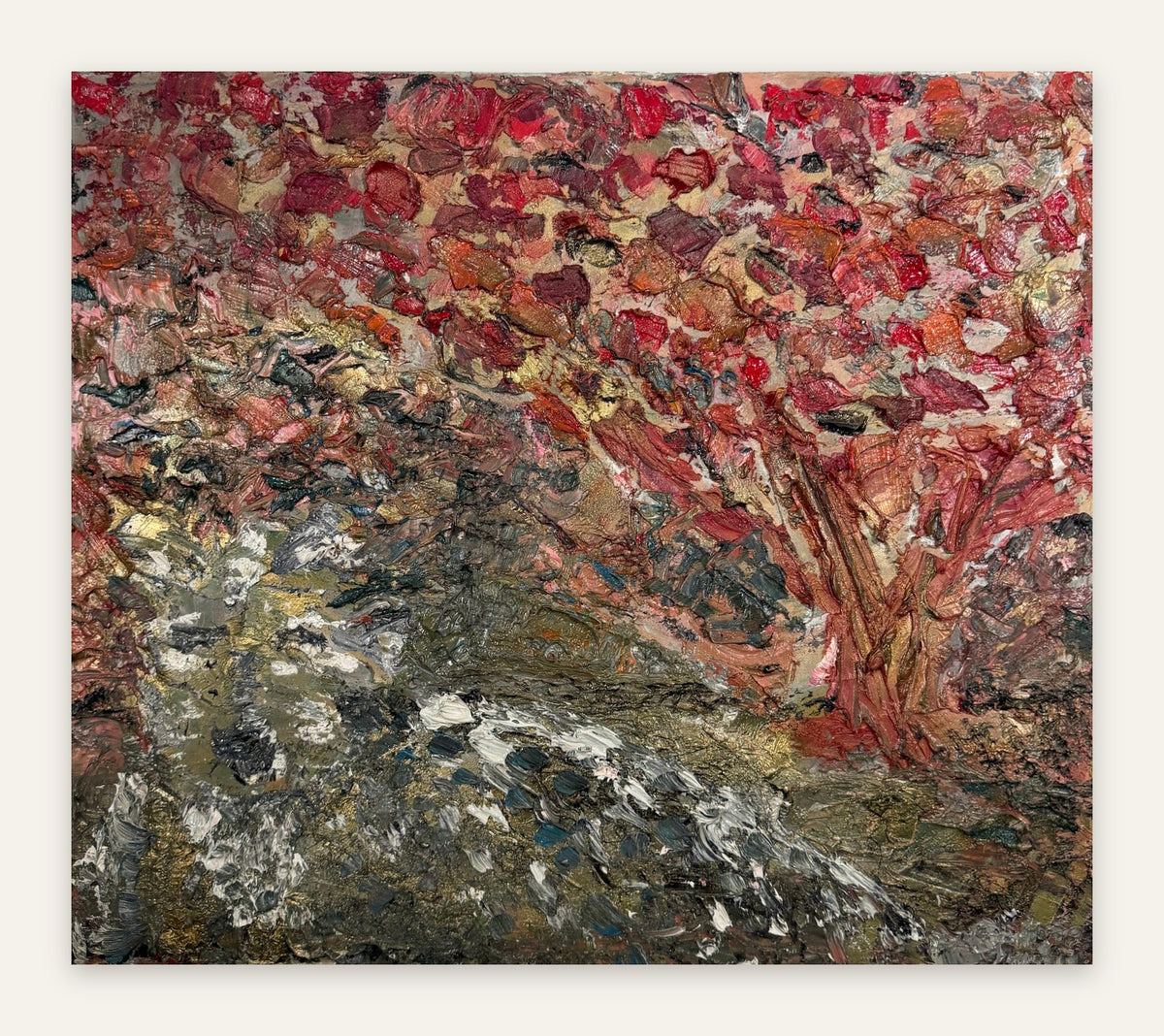 Lot 602: Heavy Impasto Abstract Oil Painting on Canvas, Crimson Rust and Gold, 24 x 21 in