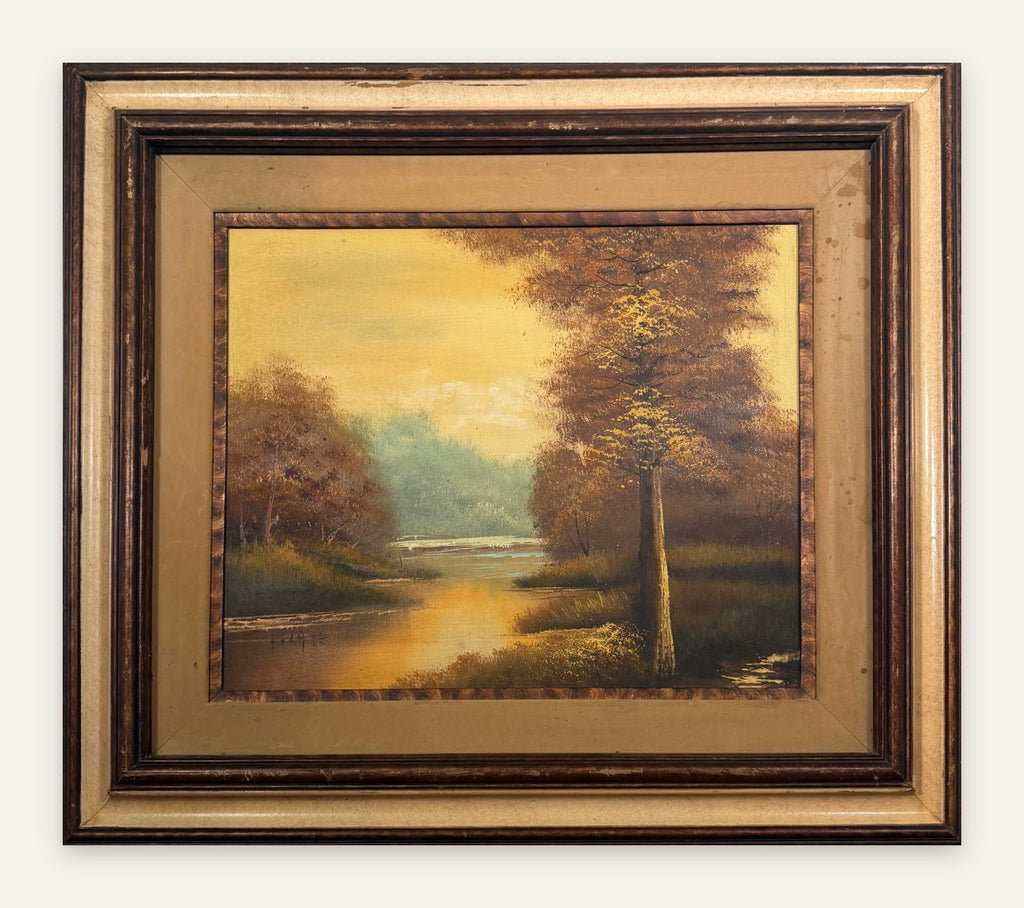Lot 629: Original Autumn Landscape Oil Painting, Golden Woodland Stream, Signed Fochte, 31 x 27 in
