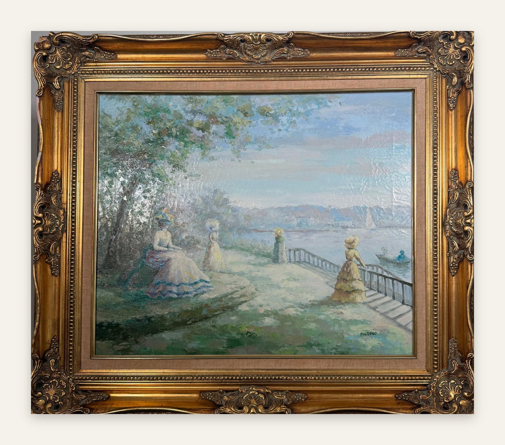 Lot 613: Polseno Oil on Canvas, Victorian Ladies by the Water, Ornate Gold Gilt Frame, 33 x 28 in