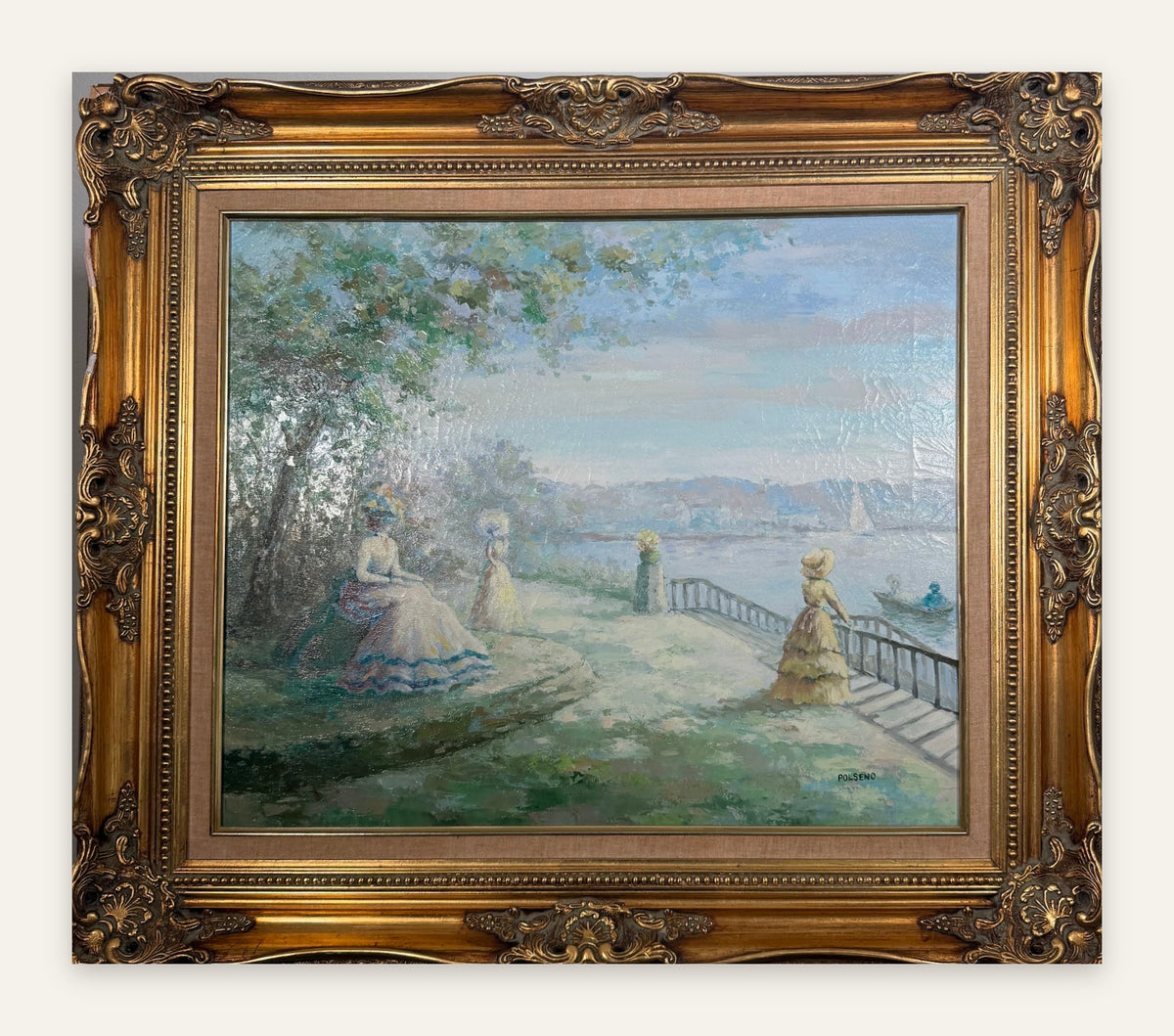 Lot 613: Polseno Oil on Canvas, Victorian Ladies by the Water, Ornate Gold Gilt Frame, 33 x 28 in