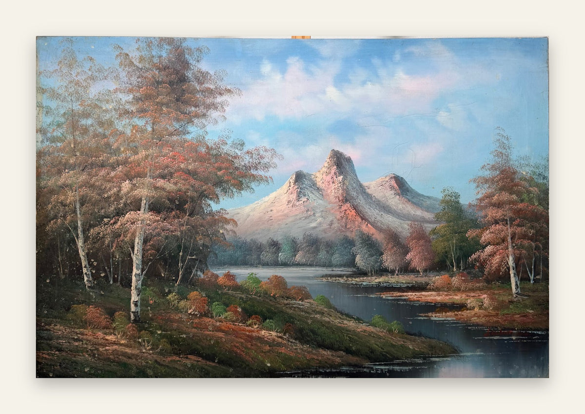 Large Mountain Lake Landscape Oil Painting, Birch Trees and Rose Peaks, Signed, Unframed Canvas, 36 x 24 in