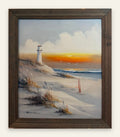 Original Lighthouse Seascape Oil Painting, Sunset Dunes and Gulls, Signed, 24 x 28 in