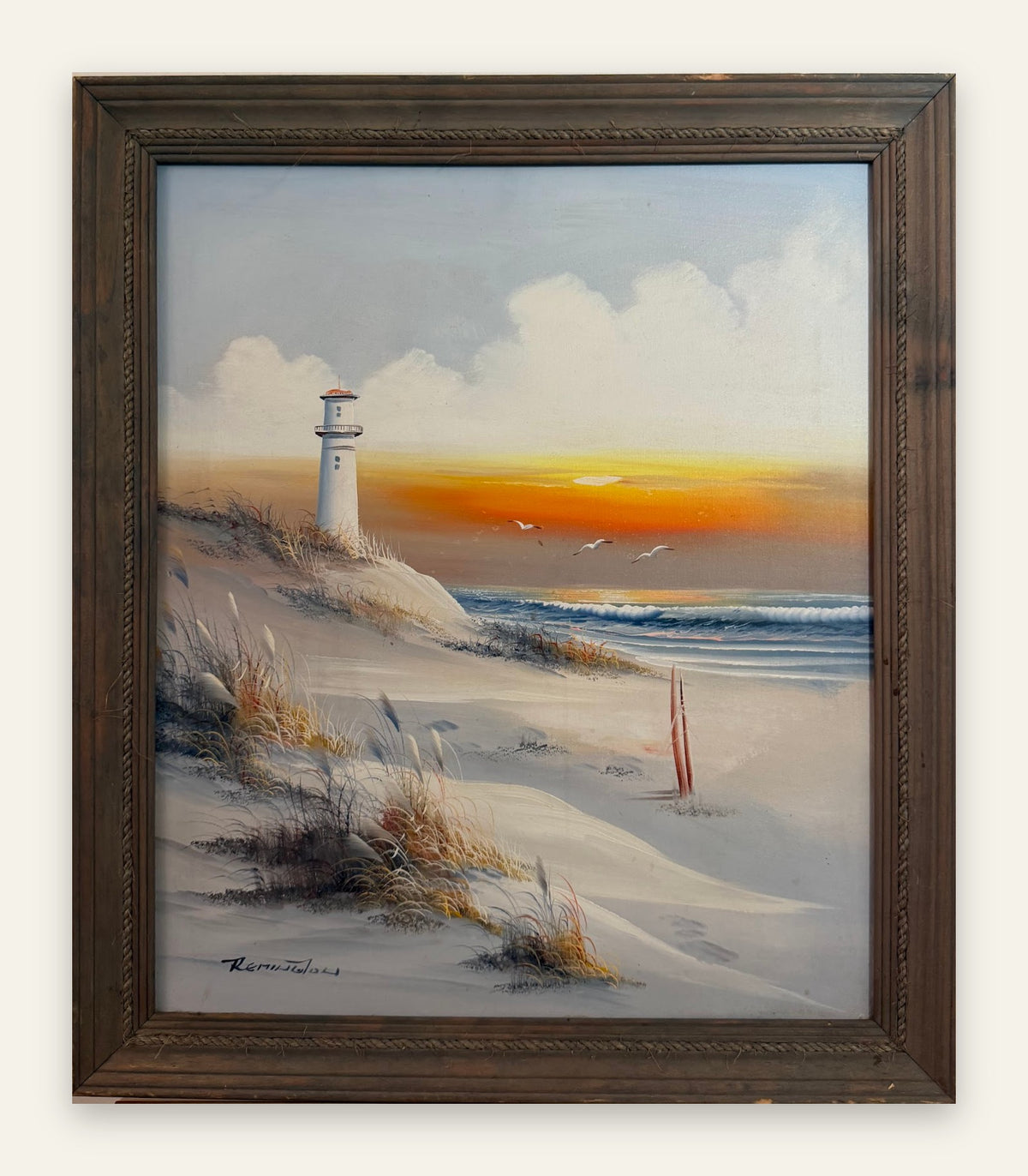 Original Lighthouse Seascape Oil Painting, Sunset Dunes and Gulls, Signed, 24 x 28 in