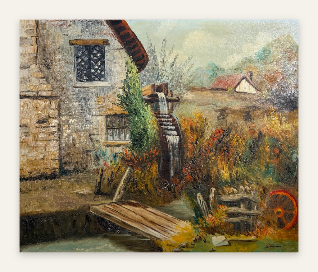Lot 688: Old Water Mill Oil Painting, Stone Mill and Wheel, Signed Celina, Unframed, 24 x 20 in