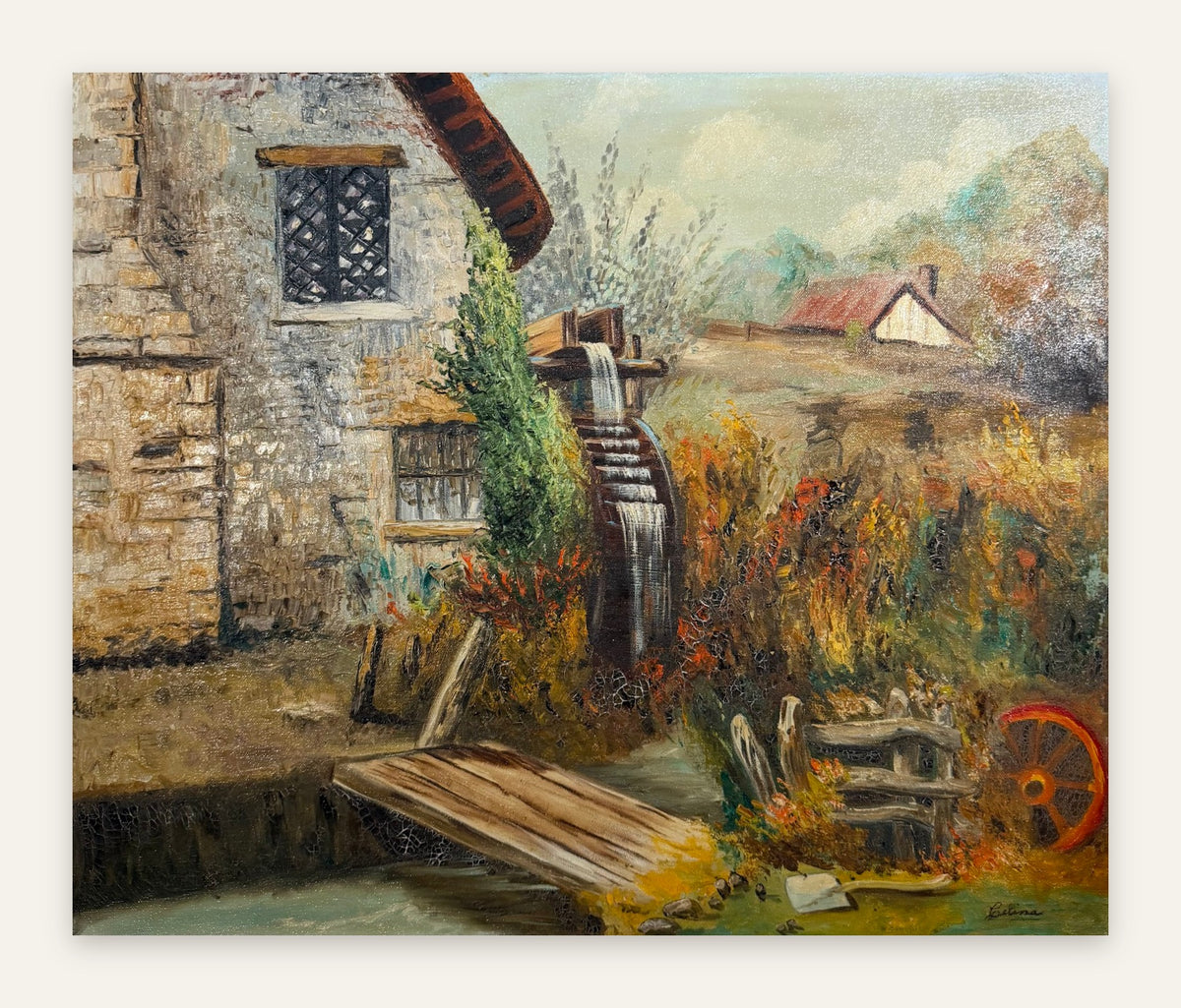 Lot 688: Old Water Mill Oil Painting, Stone Mill and Wheel, Signed Celina, Unframed, 24 x 20 in