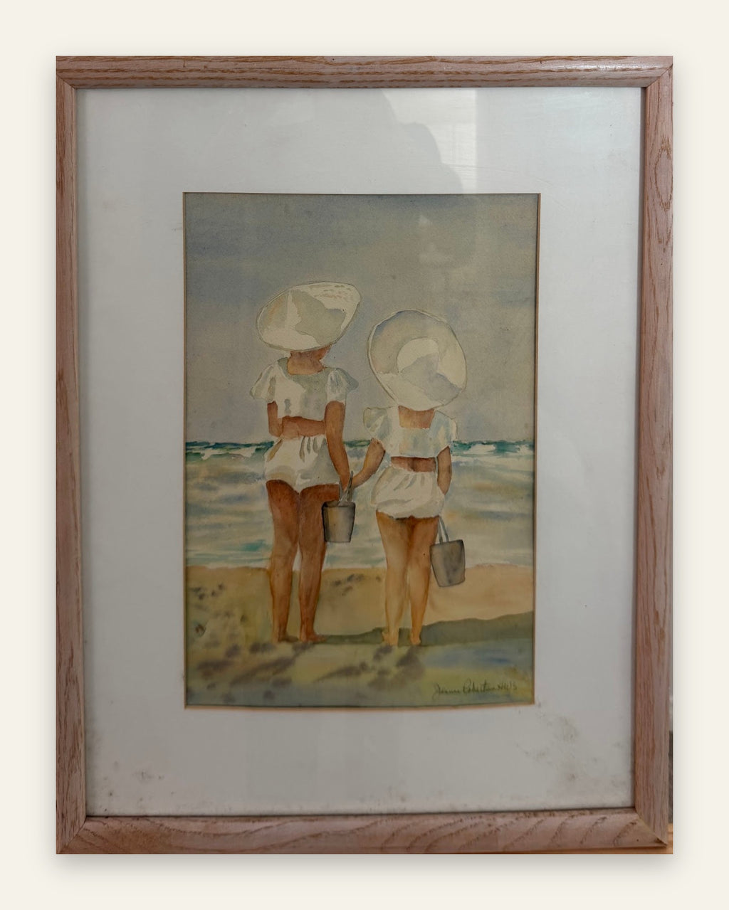 Jeanne Robertson HWS Original Watercolor, Two Girls on the Beach, Framed, 17 x 22 in