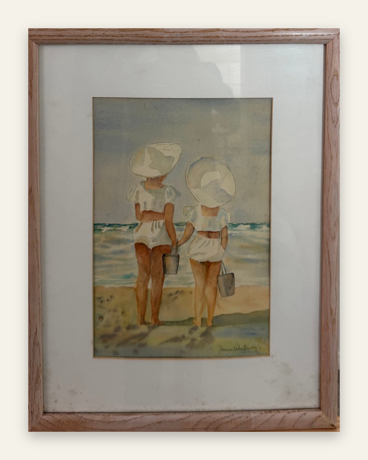 Jeanne Robertson HWS Original Watercolor, Two Girls on the Beach, Framed, 17 x 22 in