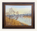 Lot 1002: Original Oil Painting, Riverside Boathouses in Winter Light, Signed, Framed, 25 x 21 in