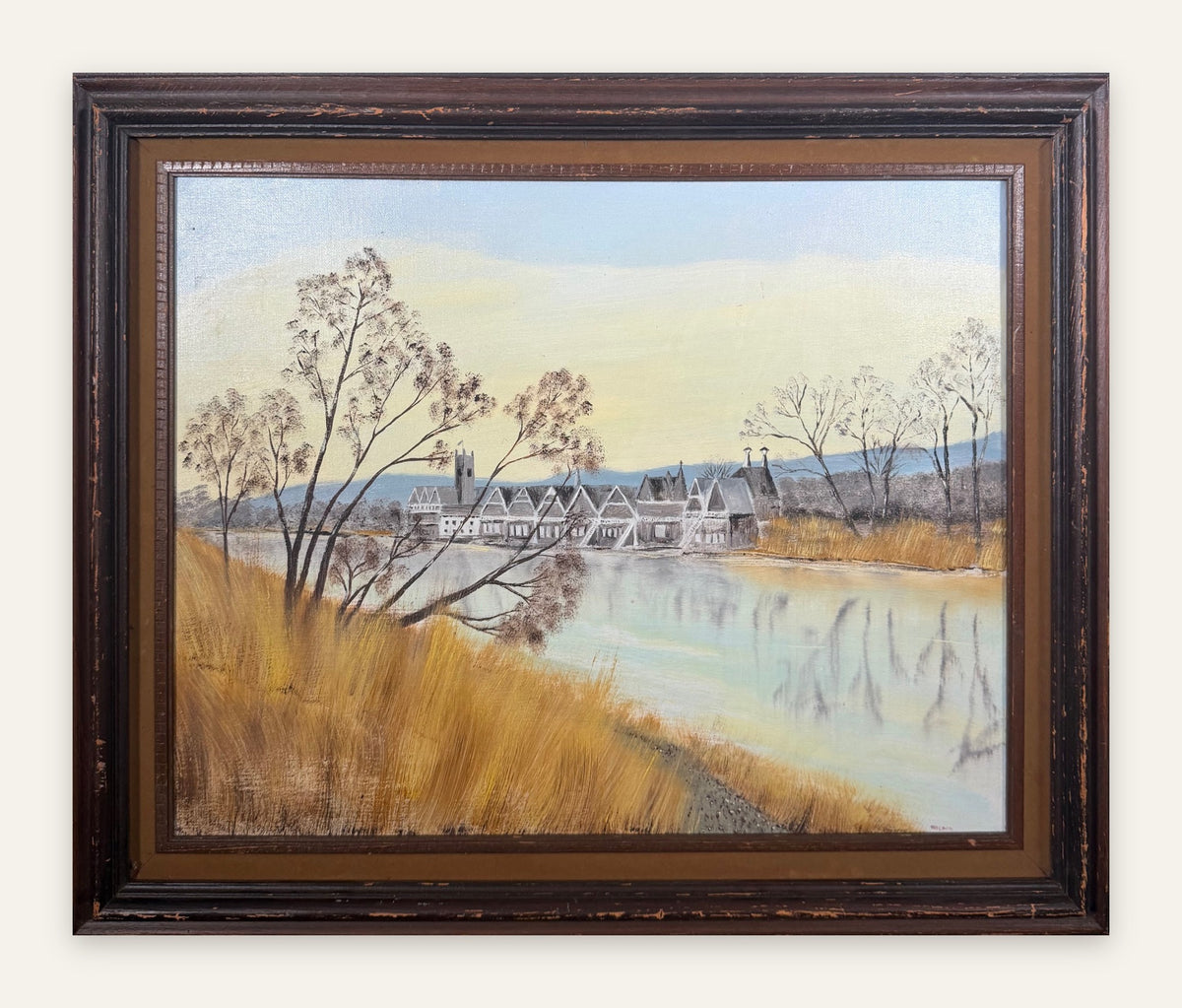 Lot 1002: Original Oil Painting, Riverside Boathouses in Winter Light, Signed, Framed, 25 x 21 in
